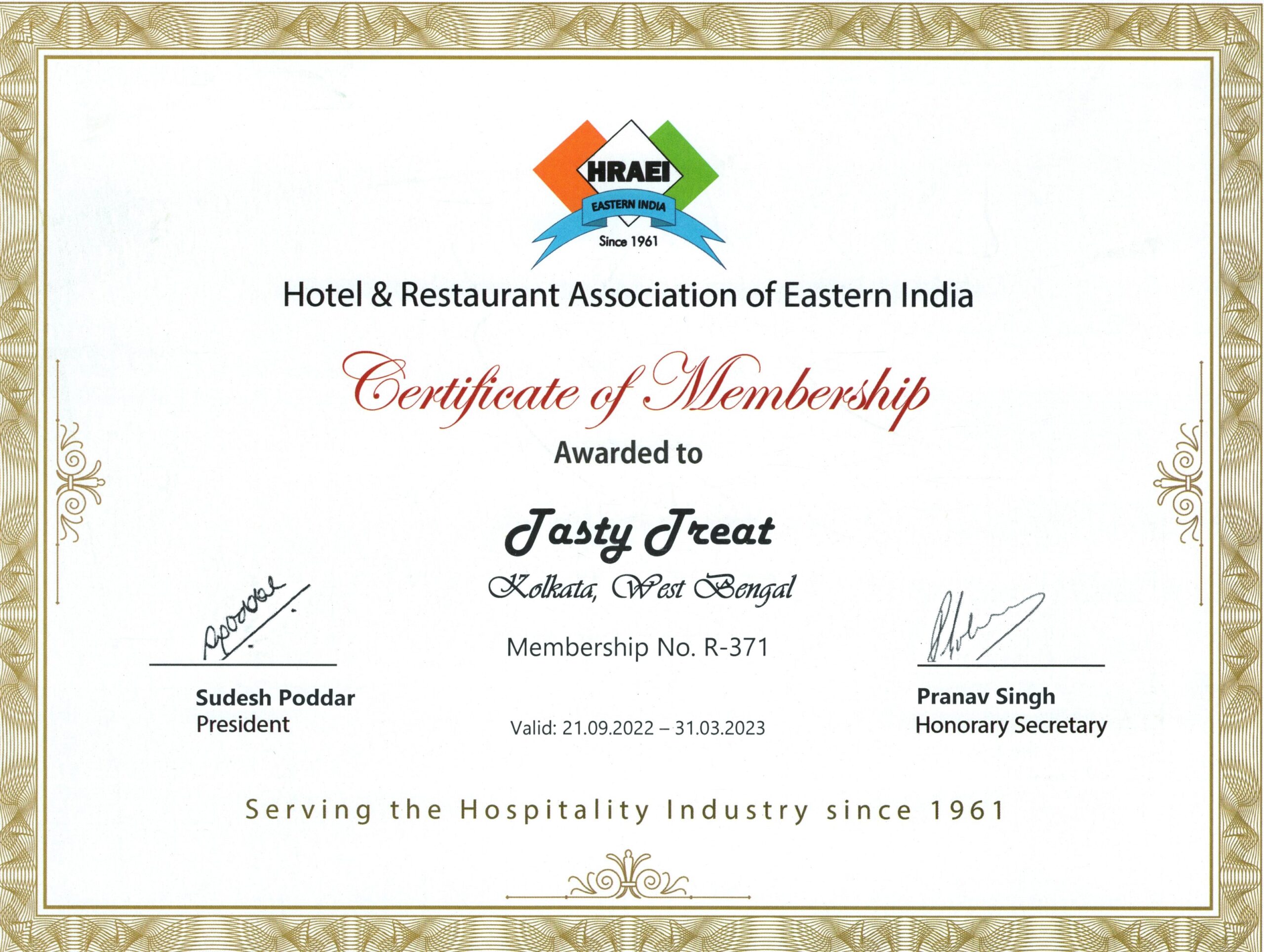 An elegantly designed membership recognition certificate from Tasty Treat Restaurant. It features a sophisticated layout featuring the restaurant's name, decorative border, and formal typography. This certificate recognizes Tasty Treat's contribution to creating outstanding food, exceptional service, and unforgettable dining experiences.